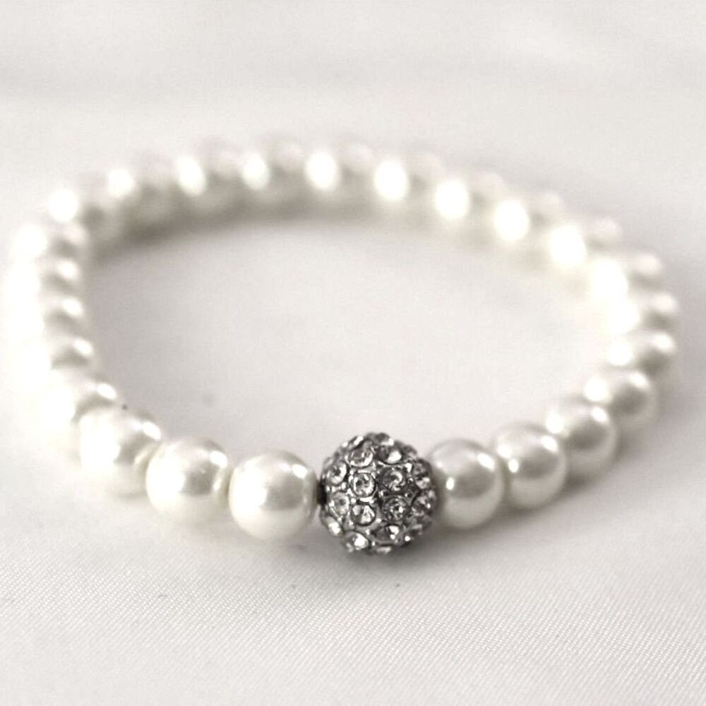 Bridal Prom Party Faux Pearl Pave Set Crystal Sphere 6" Stretch Bracelet